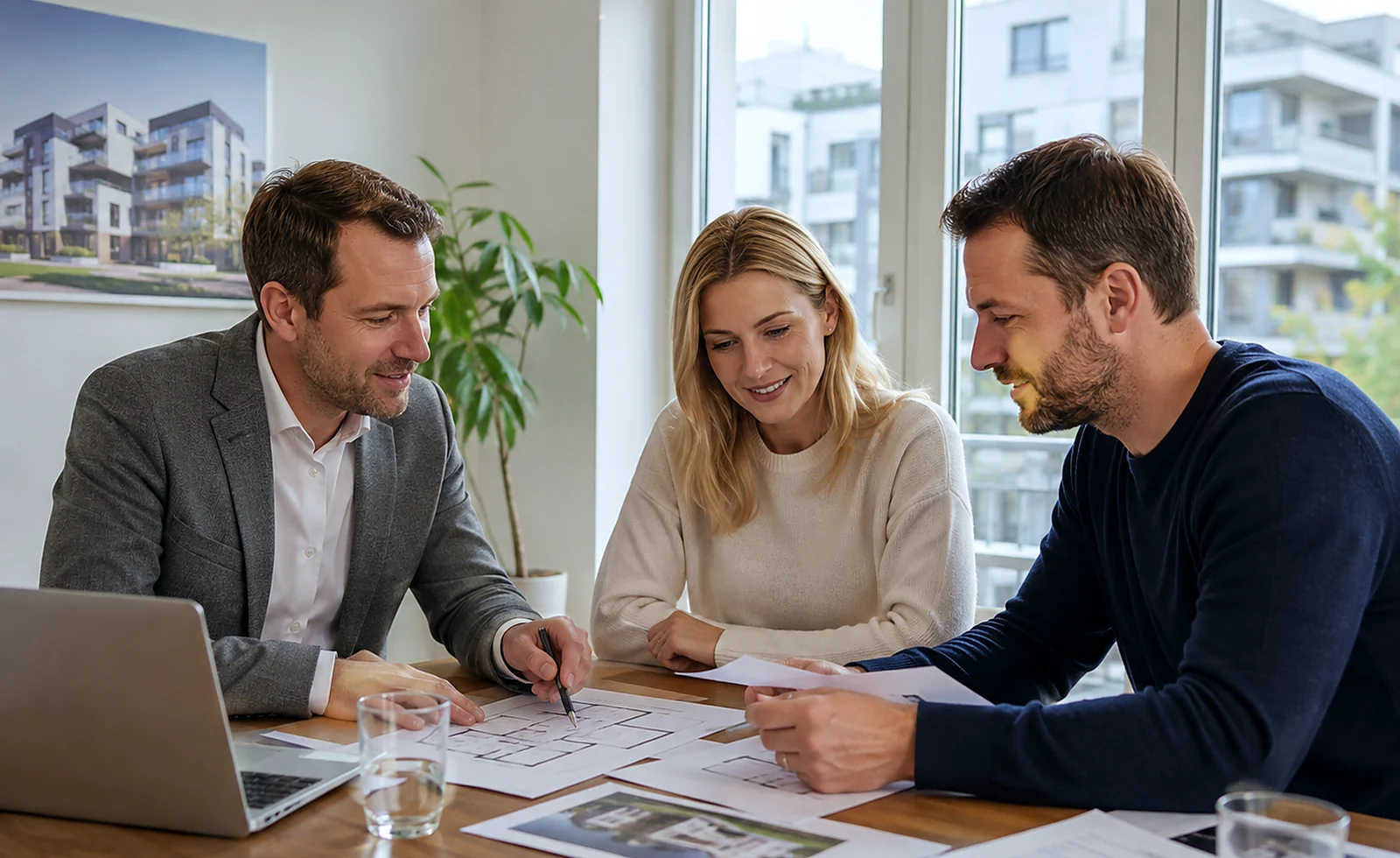 Drei Personen besprechen Baupläne im Büro